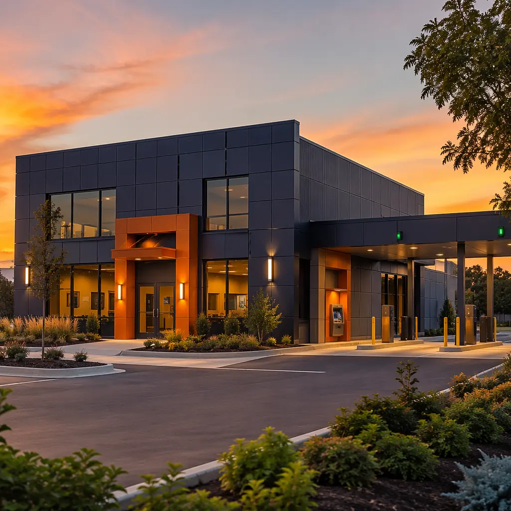 Completed modern modular bank branch facility exterior at golden hour, prefabricated steel frame financial institution building with clean geometric facade and visible module grid pattern, operational branch with drive-through lanes and ATM vestibule, professional corporate banking architecture, dark navy building exterior with warm steel orange brand accent details, landscaped commercial site