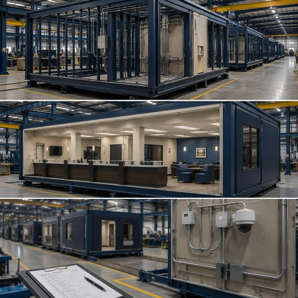 Factory floor of modular construction facility producing bank branch modules, steel frame structure with pre-installed security conduit and vault wall reinforcement, bank branch module with teller counter area and customer service desk pre-fitted, assembly line with completed modules, quality control personnel inspecting security infrastructure installations, clean industrial manufacturing environment