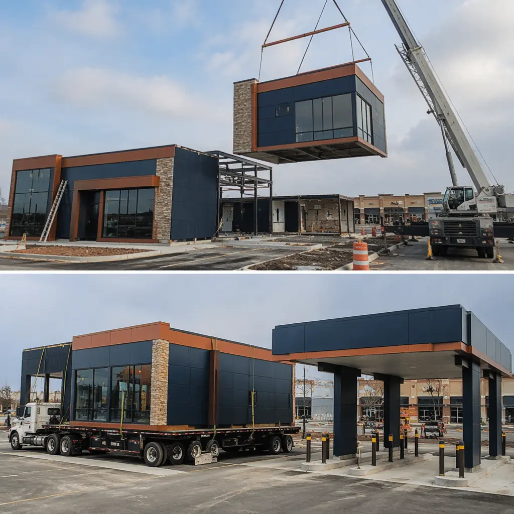 Construction site with modular prefabricated bank branch modules being positioned by crane, steel frame modules with pre-installed windows and security features visible, drive-through lanes and ATM island being installed concurrently, commercial retail corridor setting, flatbed truck delivering completed bank module with dark navy exterior panels and modern architectural design