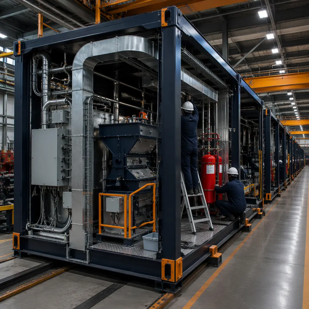 Factory assembly of modular battery recycling processing unit, steel-framed industrial module with explosion-proof electrical conduit and ATEX-rated ventilation ductwork pre-installed, controlled factory environment with workers installing fire suppression system, assembly line with recycling facility modules in production, dark navy structural steel elements, modular prefabricated construction for hazardous industrial applications