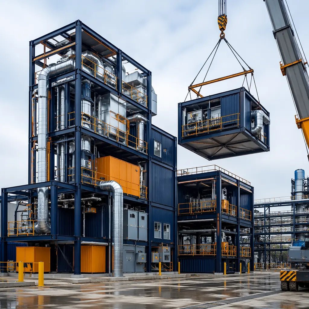 Modern modular EV battery recycling facility exterior, steel-framed prefabricated industrial modules with clean geometric facade, explosion-proof ventilation stacks visible on roof, factory-assembled processing modules being positioned by crane on industrial site, dark navy structural steel with warm steel orange safety markings, modular prefabricated construction for battery recycling plant, module seams visible