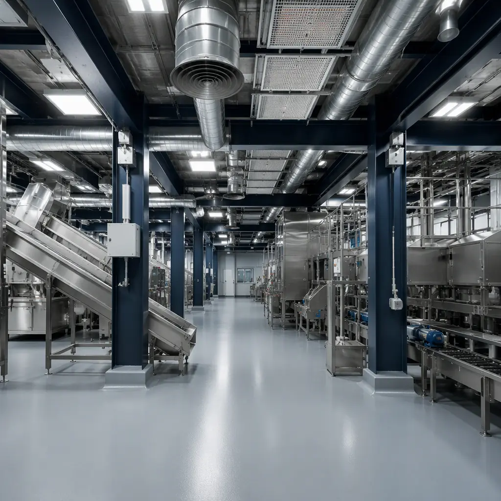 Interior of completed modular battery recycling processing module, factory-installed explosion-proof electrical fixtures and ATEX ventilation ductwork, negative-pressure clean room environment with HEPA filtration visible in ceiling, stainless steel shredding equipment and conveyor systems, chemical-resistant epoxy flooring with integral cove base, controlled industrial environment, dark navy structural steel columns