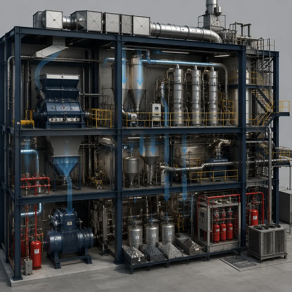 Photorealistic 3D cross-section render of modular battery recycling facility showing processing flow, steel-framed industrial modules with shredding equipment, black mass separation tanks, hydrometallurgical columns, negative-pressure airflow cascade with HEPA filtration ductwork, explosion-proof electrical and fire suppression infrastructure, dark navy structural framework