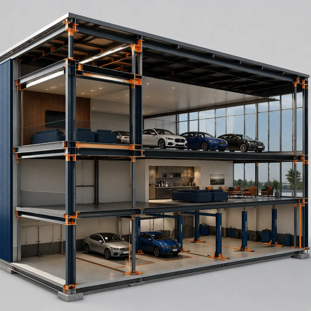 Diagram showing three-zone dealership layout: showroom, service center, and parts/office modules