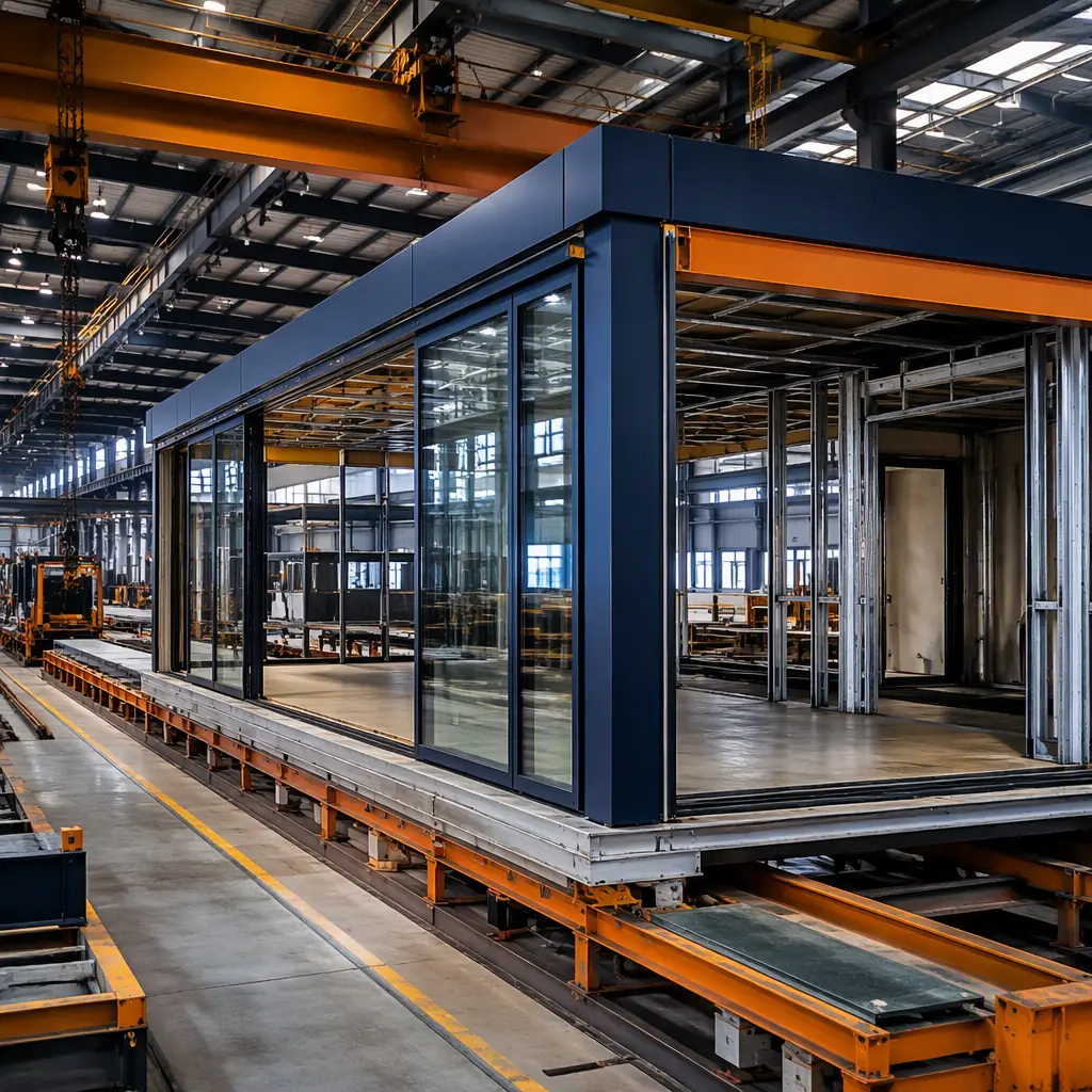 Steel frame dealership modules under construction in MODURA factory with curtain wall pre-installed