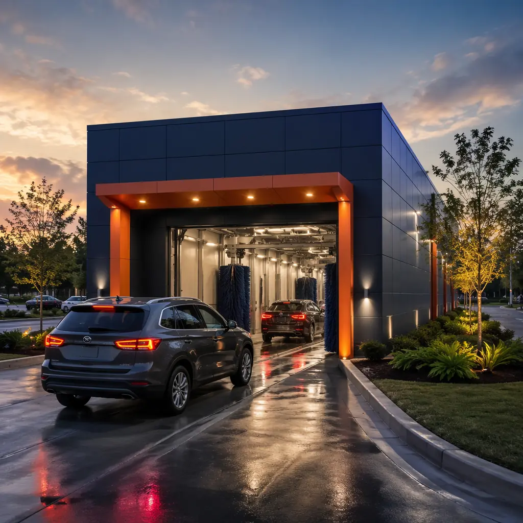 Completed modern modular car wash facility at dusk, prefabricated steel frame express tunnel wash building with clean geometric facade, operational wash tunnel with vehicle entering, warm interior lighting, dark navy and warm steel orange brand accent architectural details, professional commercial automotive retail photography