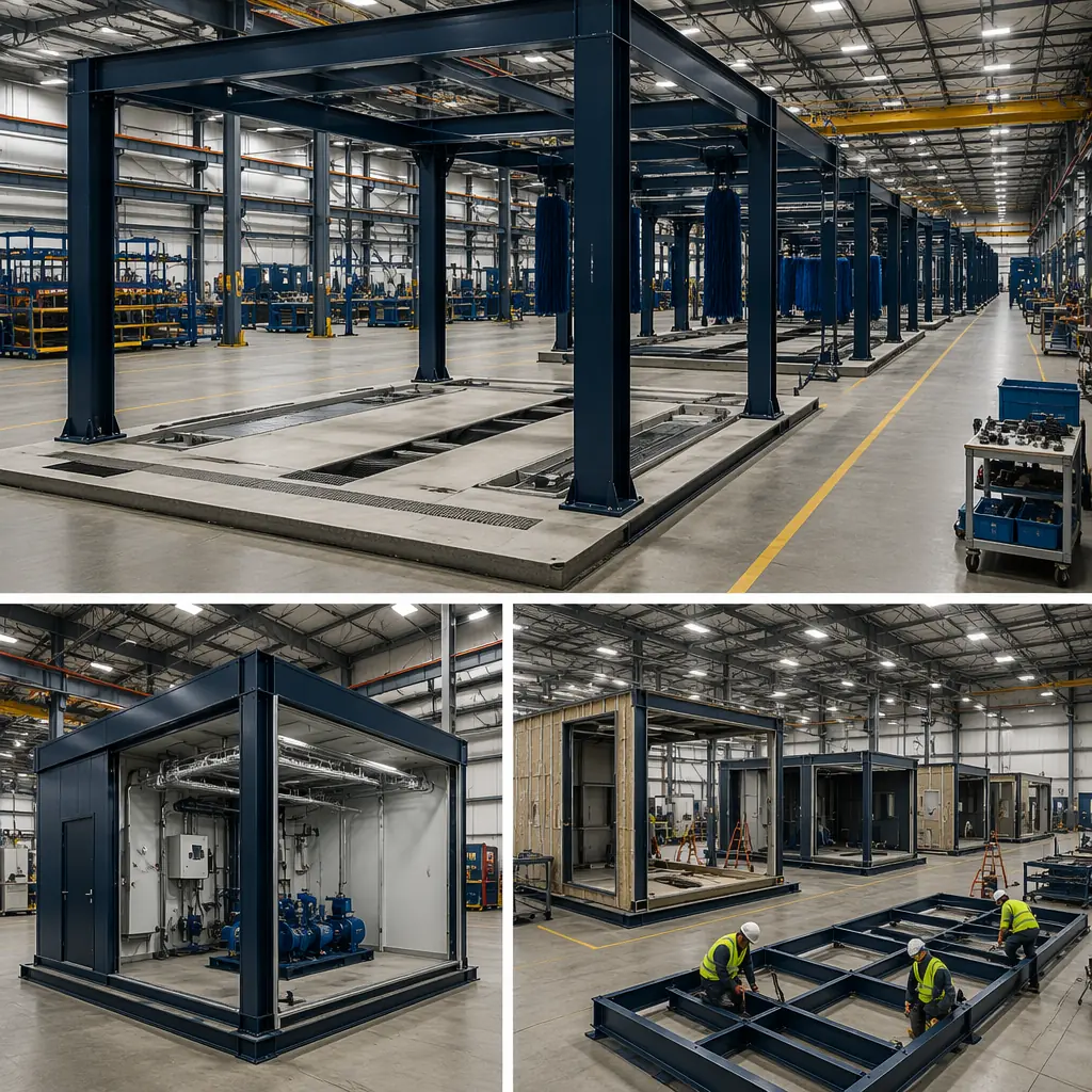 Factory floor of modular construction facility producing car wash modules, steel frame wash bay structure with pre-installed trench drains and chemical containment, prefabricated equipment room module with overhead utility trays, assembly line with modules in various stages of completion, clean industrial manufacturing environment