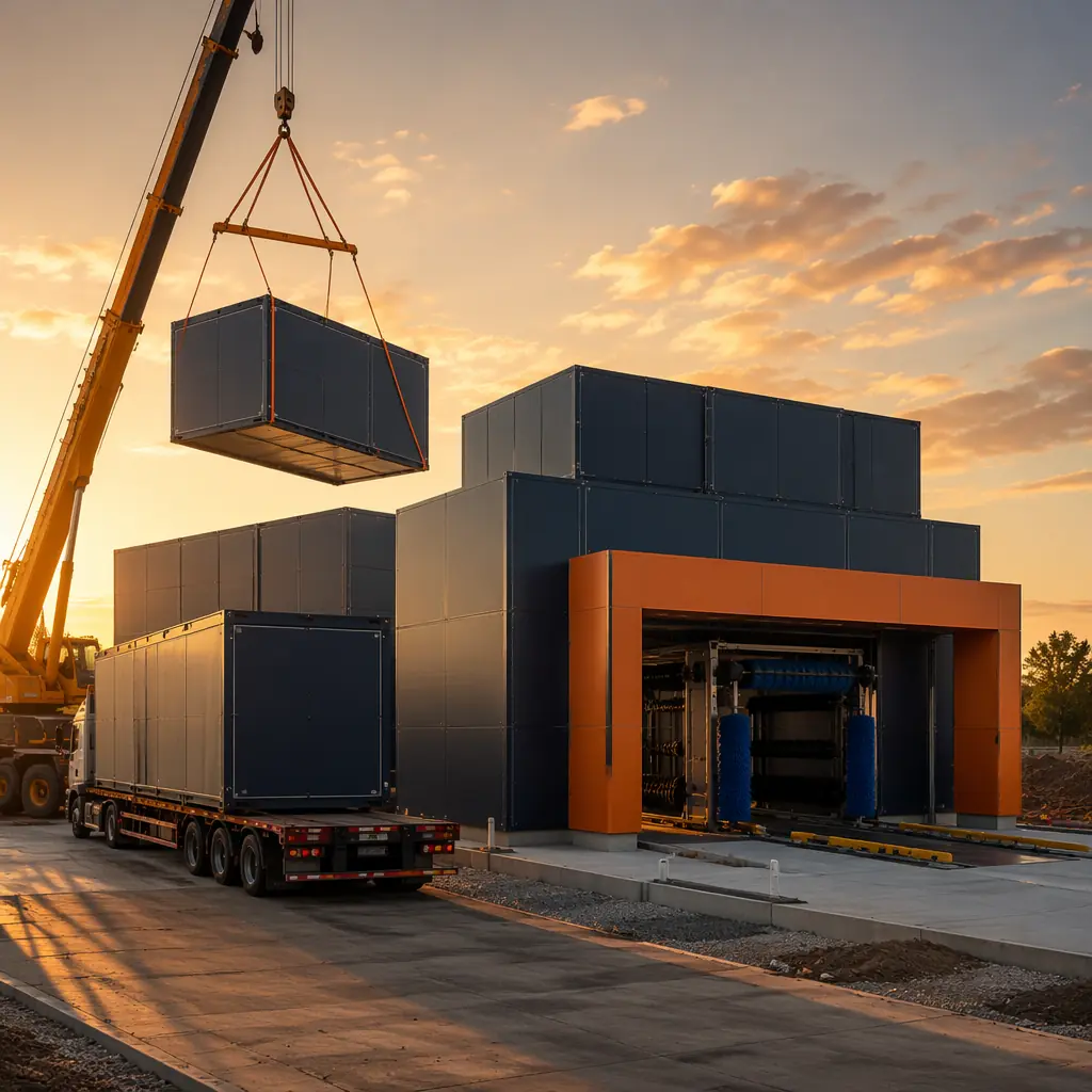 Modern modular car wash facility exterior, prefabricated steel frame modules assembled into express tunnel wash building, clean geometric facade with module seams visible, crane lifting prefab wash bay module onto foundation, dark navy and warm steel orange architectural accents, professional automotive retail aesthetic