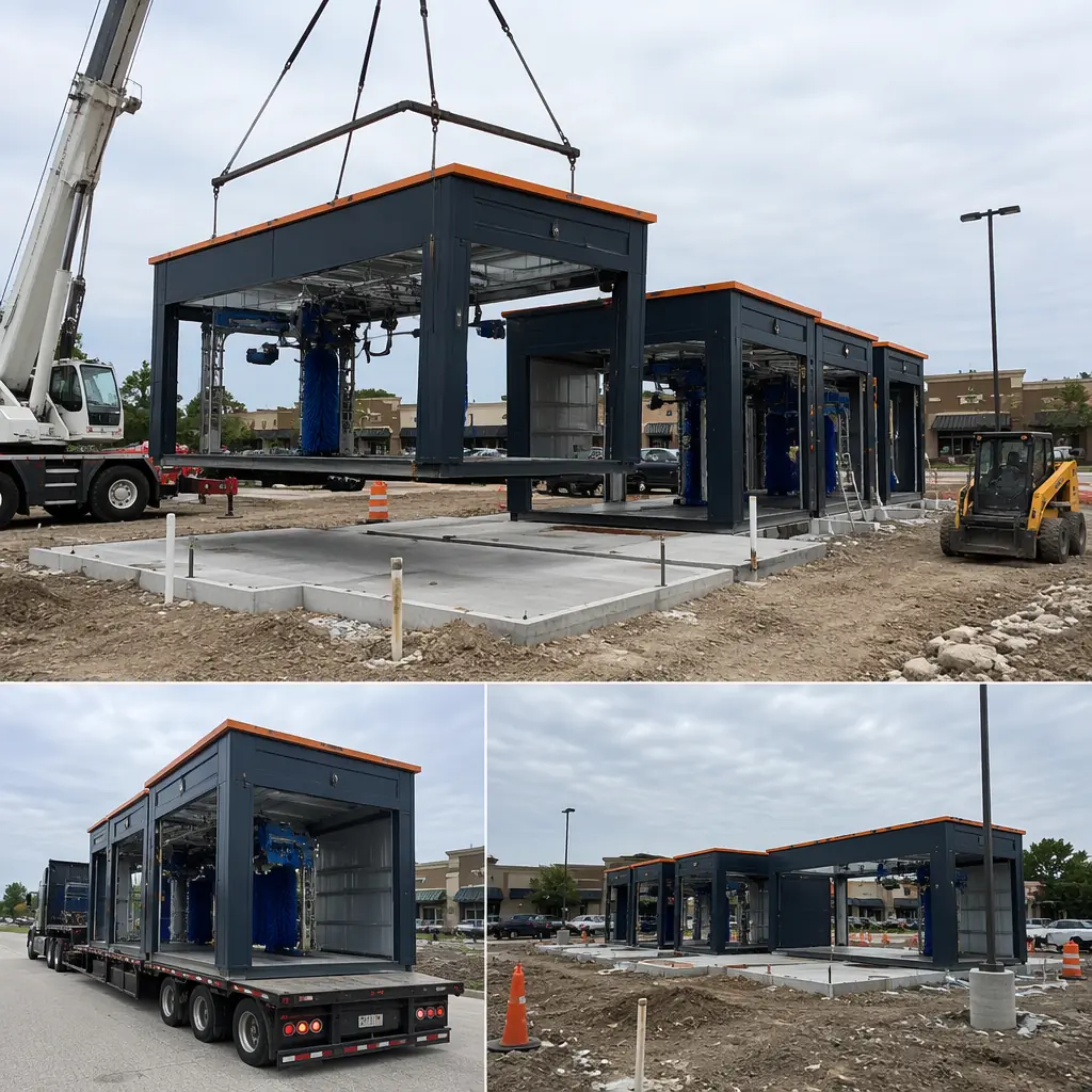 Construction site with modular prefabricated car wash modules being craned into position, steel frame wash bay units with pre-installed trench drains and equipment mounts visible, crane lifting module onto prepared concrete pad foundation, flatbed truck delivering completed modules, commercial retail corridor setting with dark navy module exteriors and warm steel orange trim accents