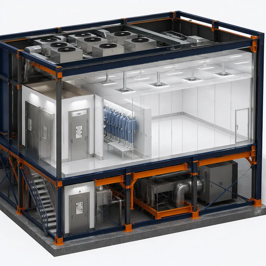 Cutaway 3D cross-section diagram of modular clean room module, steel frame with factory-installed FFU fan filter unit ceiling grid, HEPA filter housings integrated into ceiling plenum, raised access floor with perforated return air panels, FRP wall panels with flush joints and coved floor-wall transitions, utility chase with process piping and electrical busway, return air plenum below raised floor, dark navy structural steel frame with warm steel orange accent elements