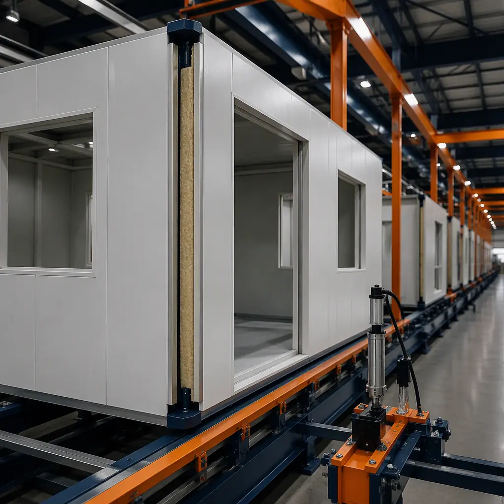 Factory assembly of modular clean room, steel-framed clean room module with FFU ceiling grid and HEPA filters being installed under controlled factory conditions, technicians in clean room attire working inside the module, FRP wall panels visible with flush joints, raised access floor being installed in adjacent module bay, overhead crane positioning ceiling grid assembly, factory floor maintained at ISO 8 cleanliness during module assembly