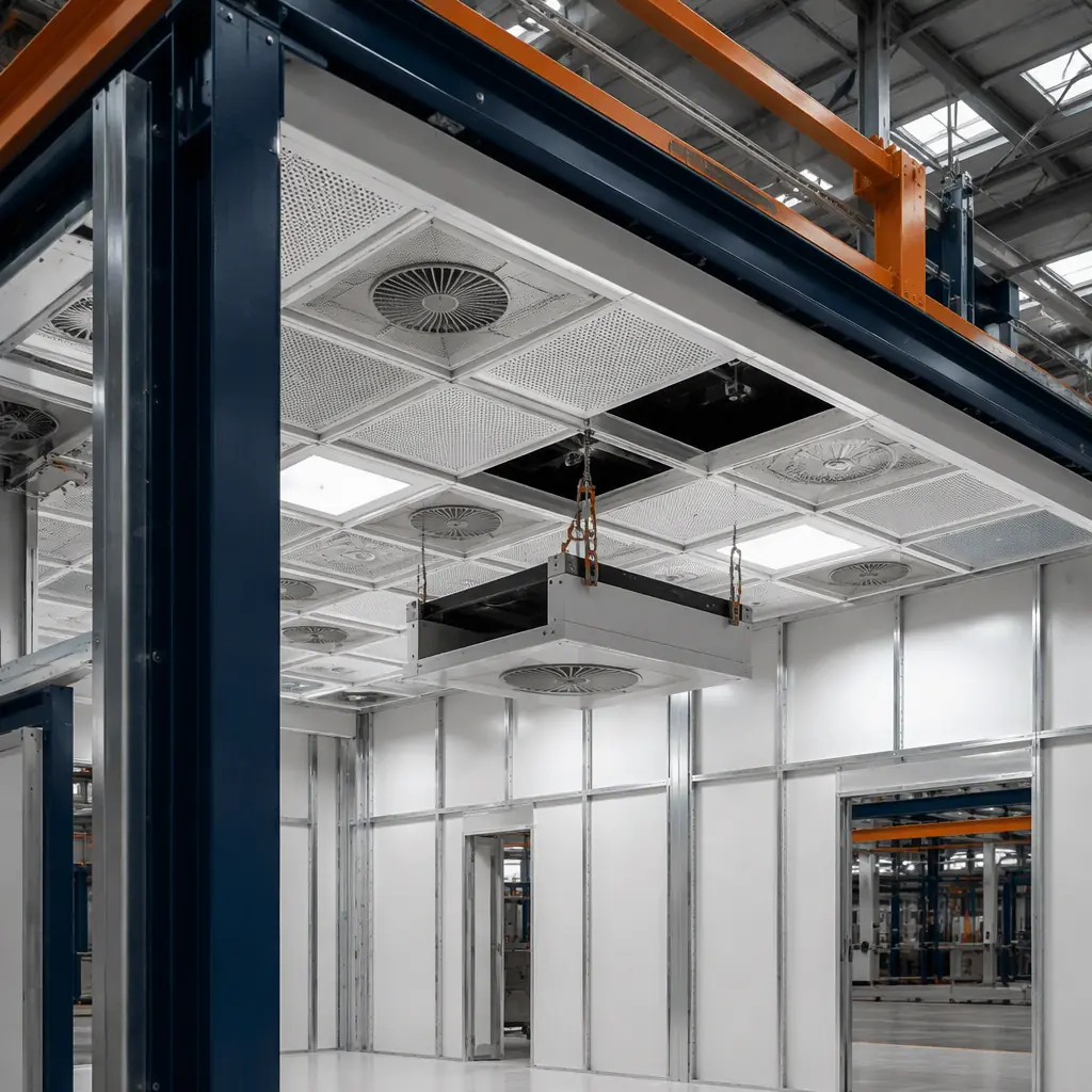 Close-up of factory-installed FFU fan filter unit ceiling grid in modular clean room, HEPA filter housings with integrated LED lighting panels, stainless steel ceiling grid with gel-seal filter interfaces, airflow straighteners visible through filter media, dark navy MODURA structural ceiling supports with warm steel orange safety-railing, technician performing factory filter integrity DOP test with aerosol photometer