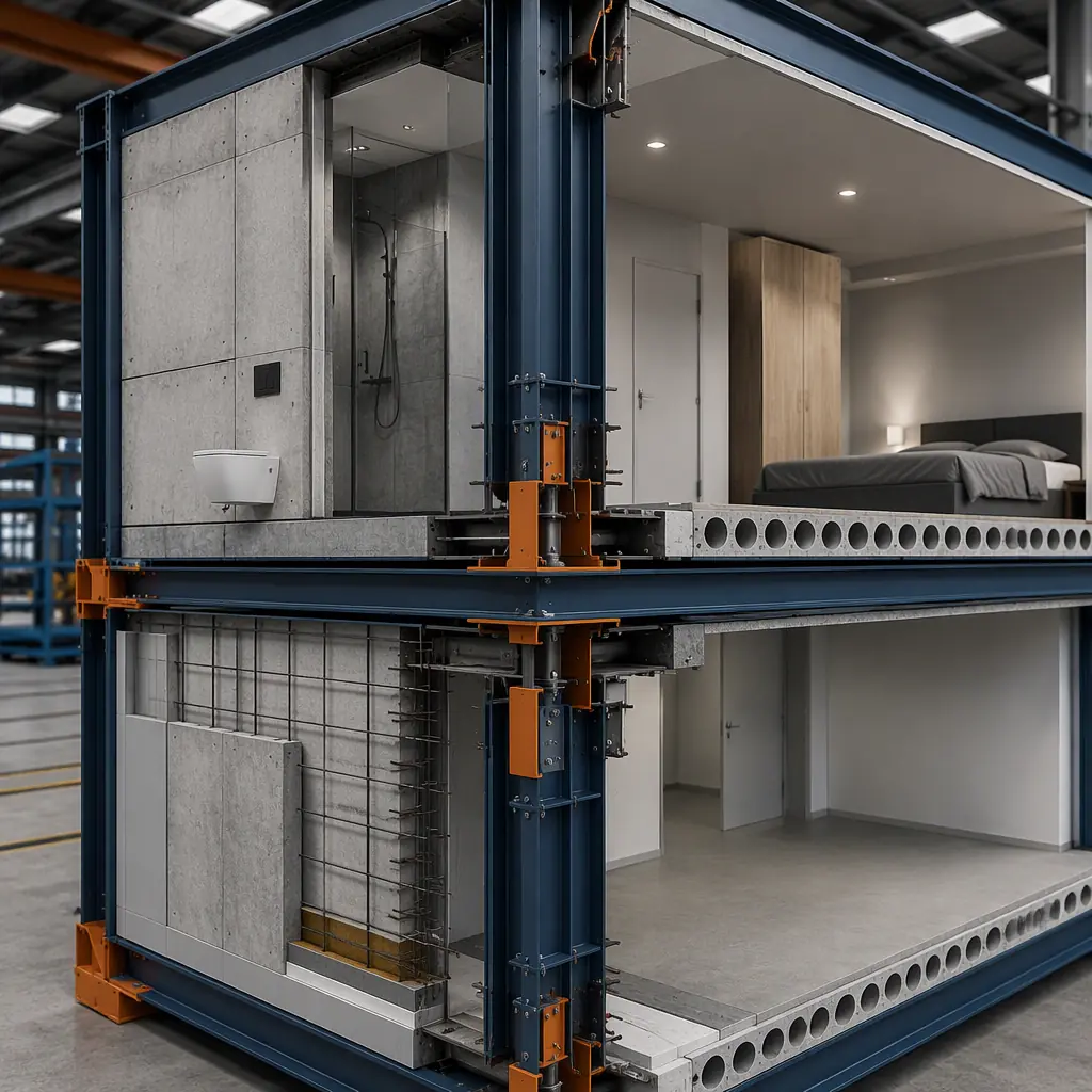Cross-section 3D render showing hybrid modular building structure: steel frame modules with integrated precast concrete floor slabs and bathroom pods, cutaway revealing the structural assembly