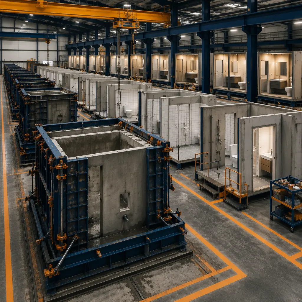 Factory production line with precast concrete bathroom pods at various completion stages — curing, fit-out with tile installation, and final inspection