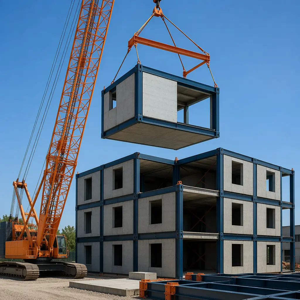Construction site with crane lifting a hybrid steel-concrete module into position, visible steel corner columns and concrete infill walls on a multi-story modular building