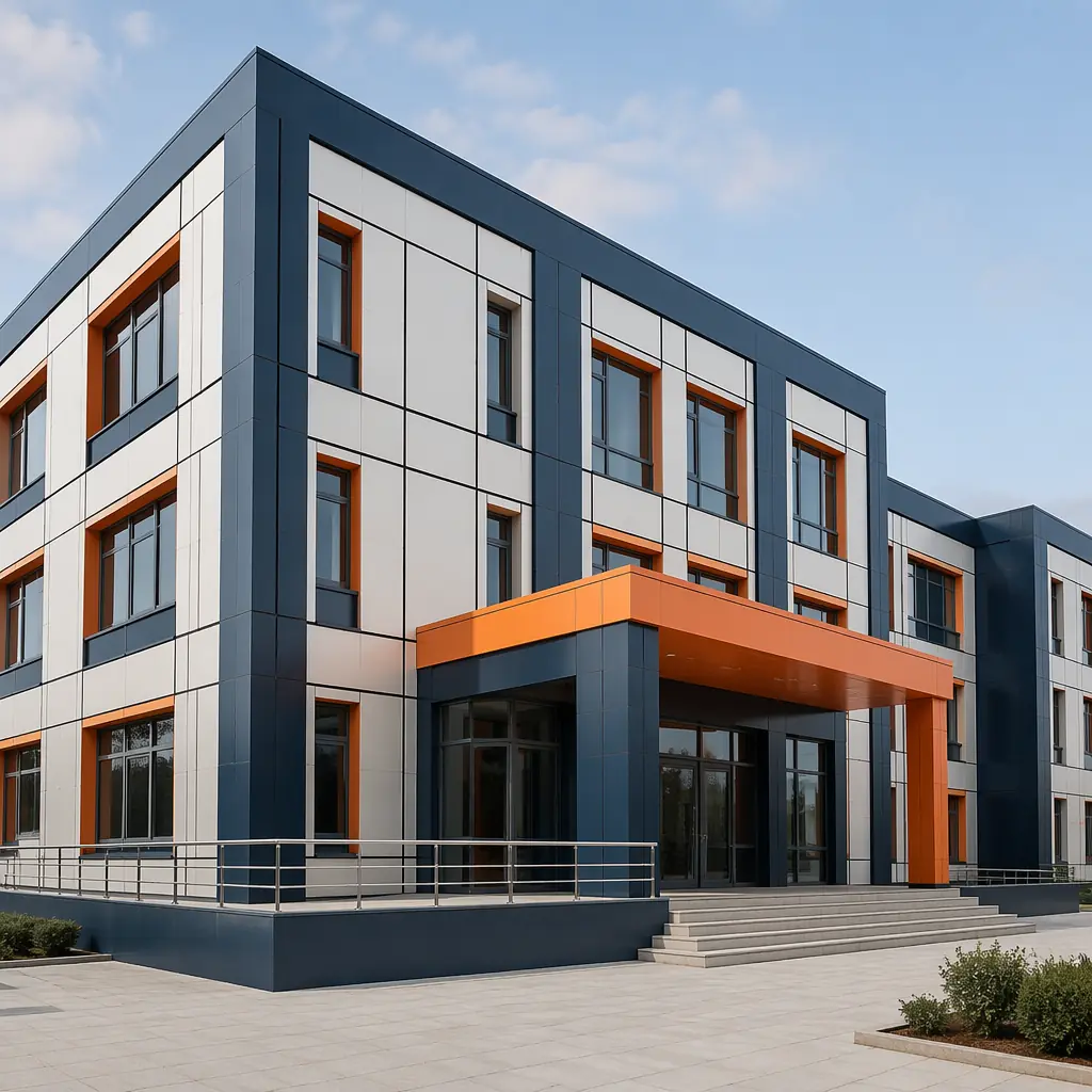 Modern modular prefabricated government building exterior with clean geometric facade, dark navy accents on structural elements, warm steel orange details, modular construction for municipal facility