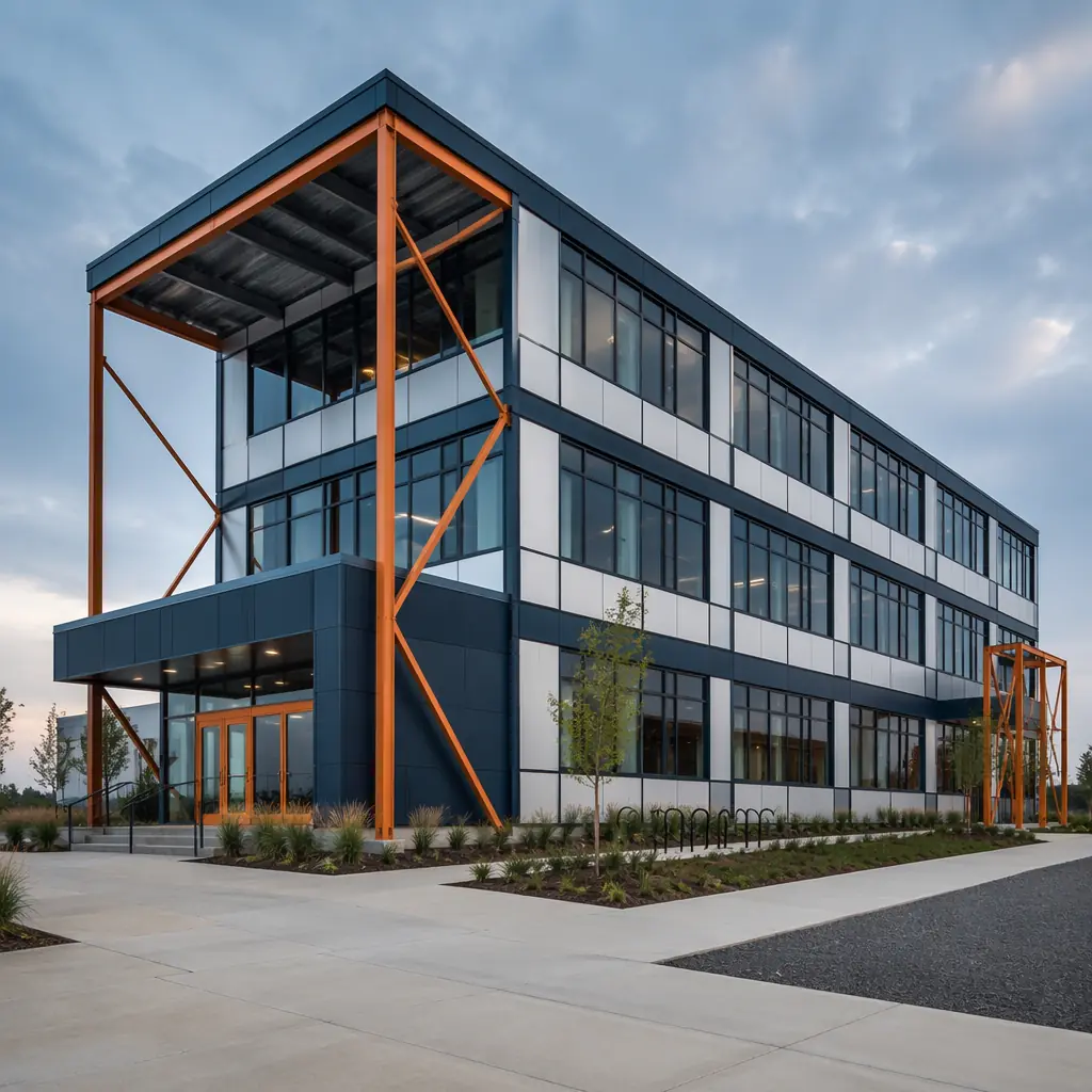Completed modular commercial building exterior with professional architectural photography showing modern prefabricated construction, clean geometric lines, dark navy structural accents with warm steel orange trim details