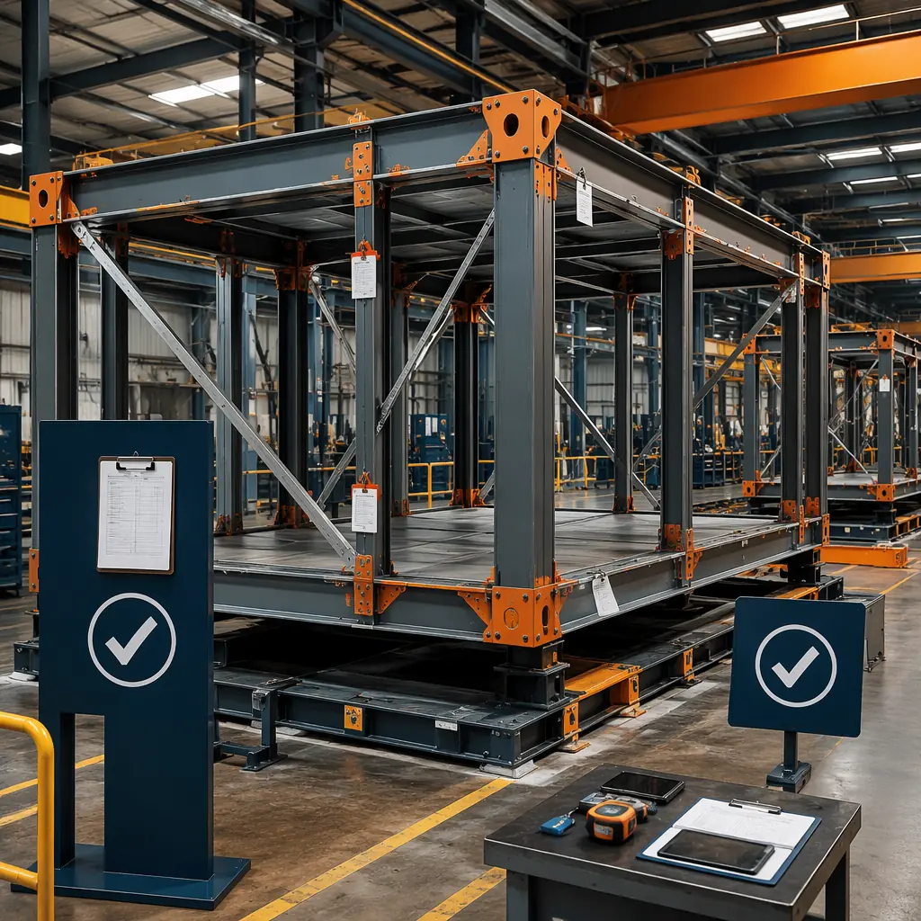 Factory quality inspection station with modular steel frame building unit undergoing QC check, quality control markings visible on structural elements, industrial modular prefabricated construction facility