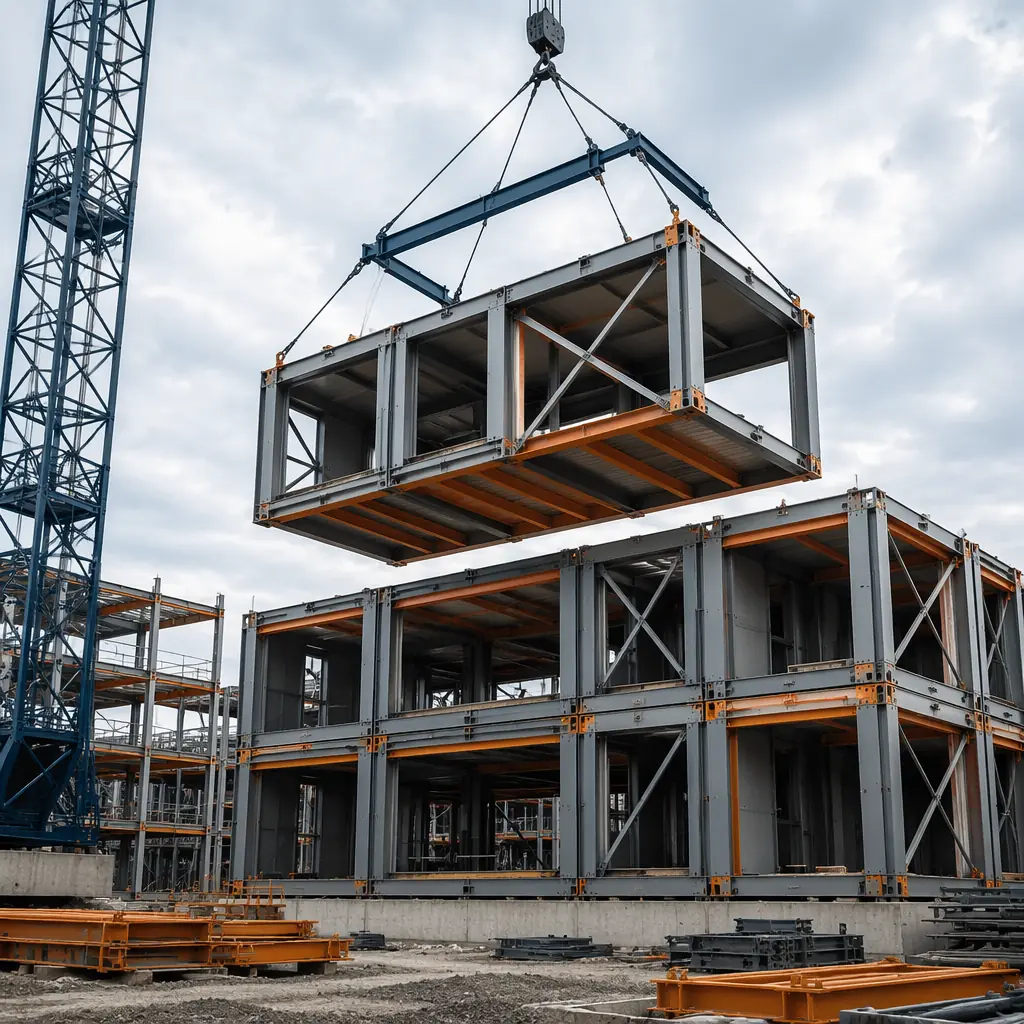 Modular building modules being craned into position on a construction site, steel frame modules with clean geometric facades being stacked, professional construction setting with module connection details visible
