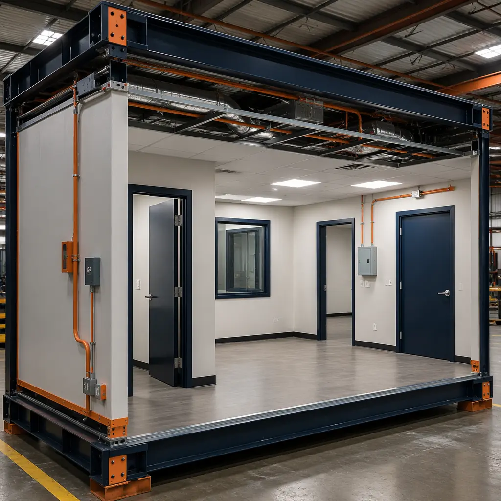 Completed factory mock-up of modular prefabricated building section demonstrating interior finishes, MEP integration, and quality standards in industrial modular construction facility