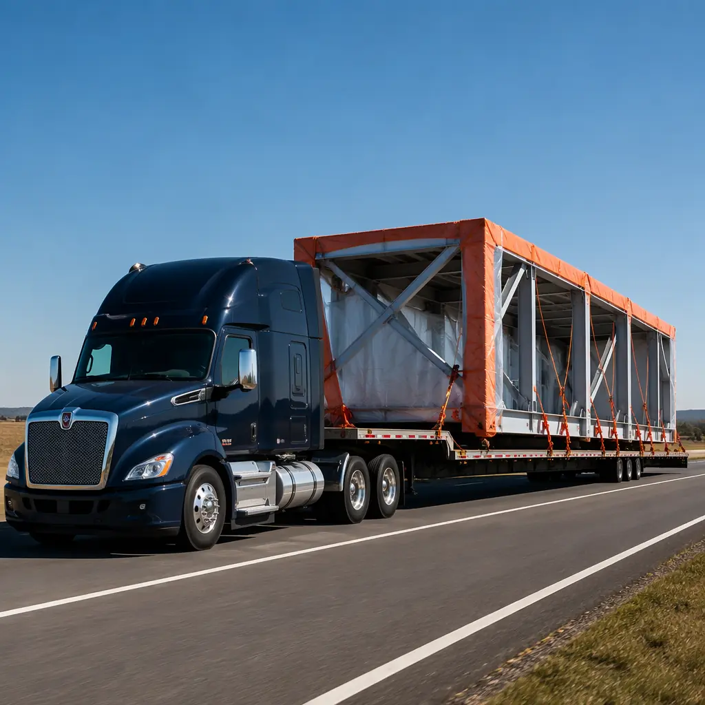 Flatbed truck transporting oversized modular prefabricated building unit on highway, factory-assembled steel frame module being shipped from factory to construction site, logistics scene with module transport rigging