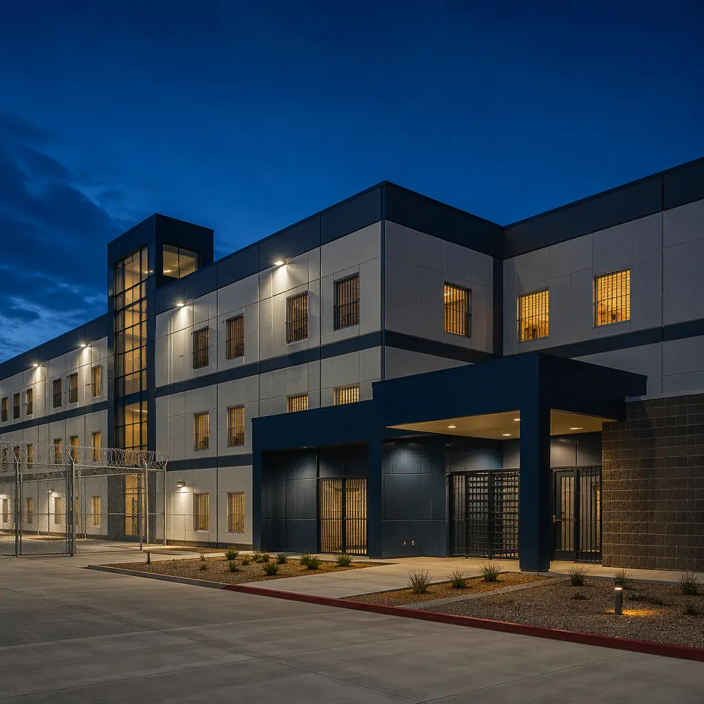 Completed modular correctional facility exterior at dusk, security lighting illuminating steel-framed prefabricated housing modules, clean geometric lines with module seams visible, detention-grade construction with controlled access design, dark navy architectural accents on modern justice infrastructure facility