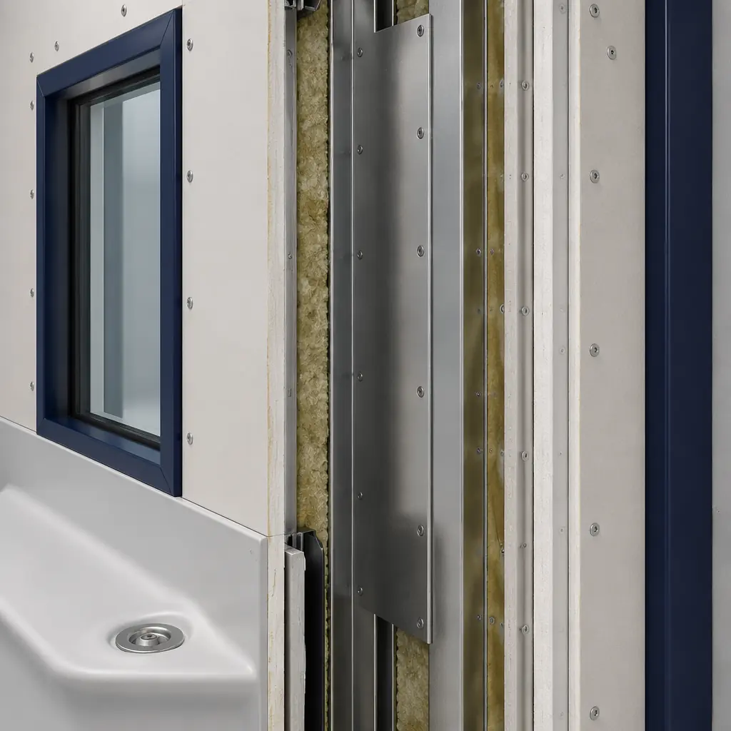 Photorealistic 3D cross-section render of detention-grade modular wall assembly showing ballistic-rated steel plate layer between steel studs, anti-ligature surface details, Type X gypsum board layers, mineral wool fire safing insulation, tamper-proof fastener details, security glazing frame with factory-sealed gasket, modular prefabricated construction wall system for correctional facilities