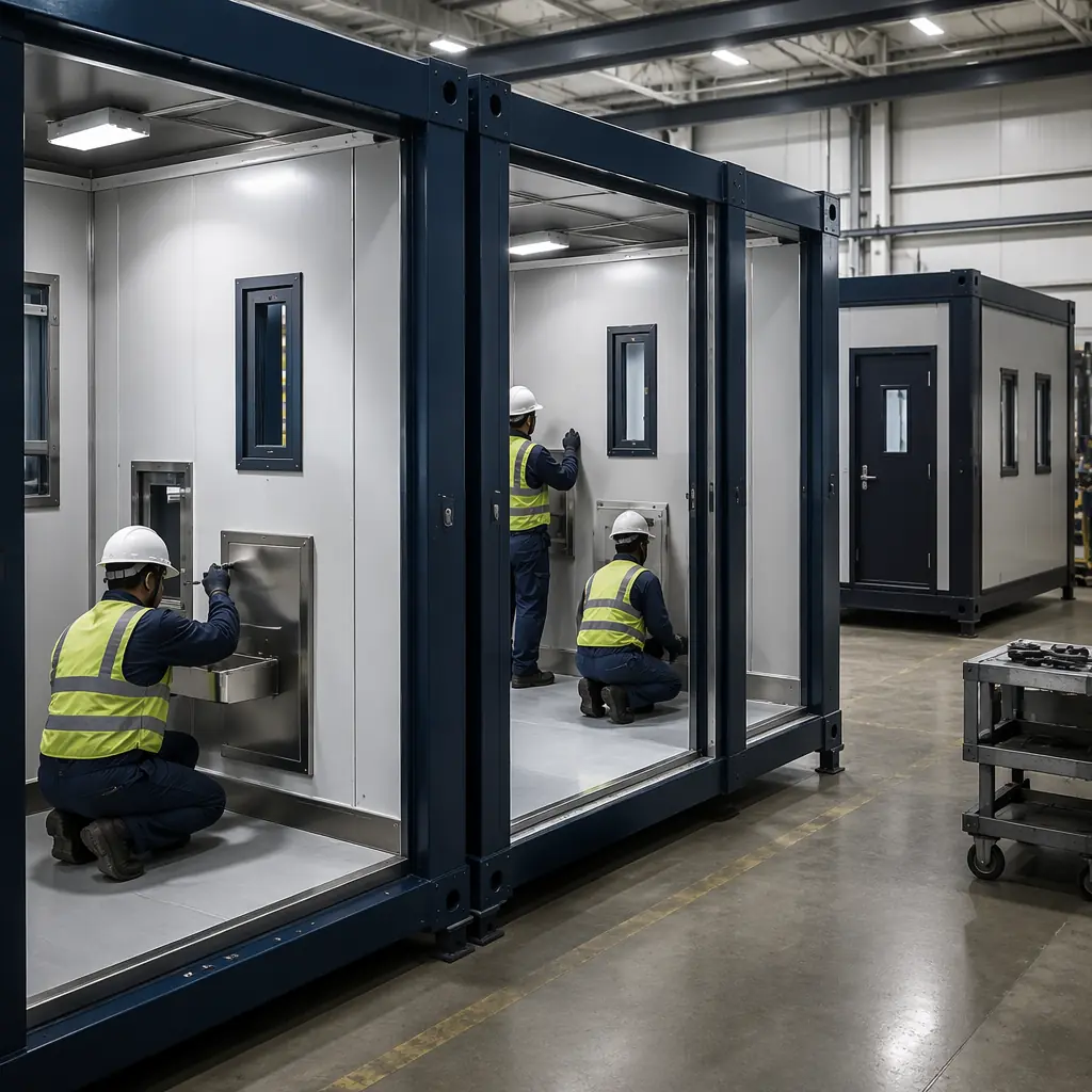 Factory assembly line for detention-grade modular correctional units, steel frame modules with reinforced wall panels and security-grade window openings, workers installing anti-ligature fixtures and ballistic-rated assemblies, controlled clean factory environment for modular prefabricated construction of justice infrastructure, dark navy structural elements with quality control station