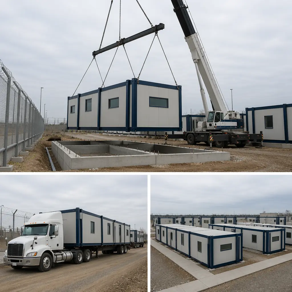 Crane lifting prefabricated correctional housing module onto detention facility steel frame structure, modules arriving on flatbed trucks at correctional construction site, security perimeter visible, modular construction site for justice infrastructure with module positioning, dark navy structural steel with warm orange accents, detention-grade module with anti-ligature design features visible
