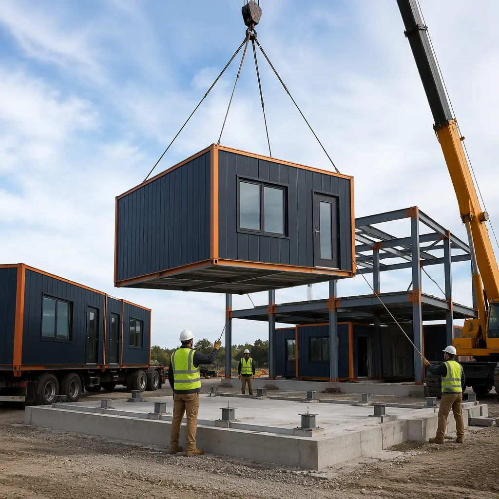 Modular prefabricated building modules being craned into position on a mid-rise commercial construction site, completed factory-finished modules with exterior cladding and windows already installed being lifted by tower crane, modules with dark navy exterior panels and warm steel orange architectural accents, site foundation prepared with utility stub-ups visible between module positions, construction crew guiding module into precise position, urban infill site context with neighboring buildings visible, clean professional construction scene