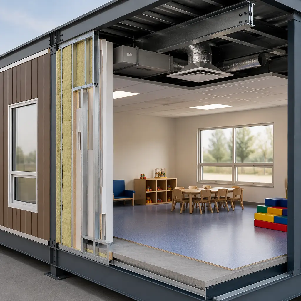 Photorealistic 3D cross-section render of modular daycare classroom module, steel frame structure visible, child-height windows at 24-inch sill height with safety glazing, factory-installed HVAC ductwork with MERV 13 filtration, acoustic ceiling panels, rubberized flooring over concrete sub-floor