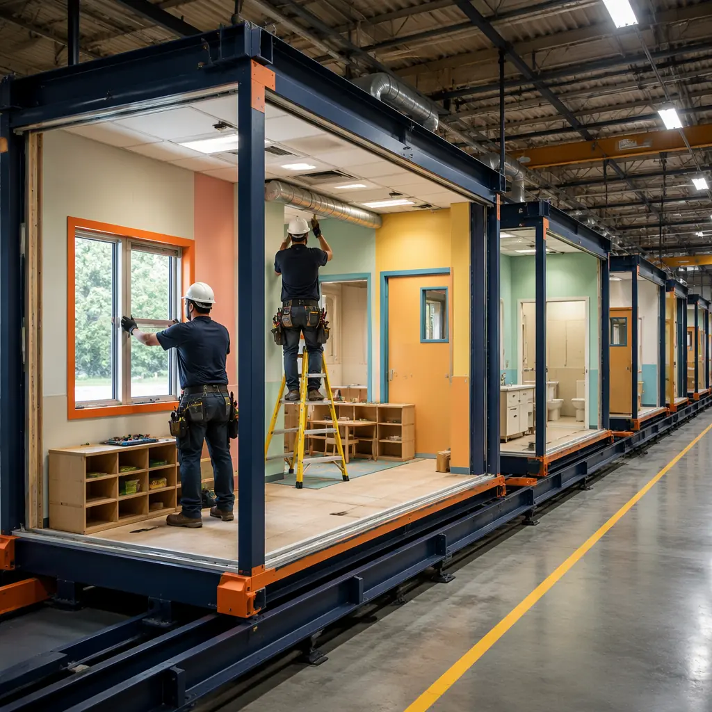 Factory floor of modular prefabricated construction facility, daycare classroom modules on assembly line, child-height window frames being installed in steel module frame, colorful interior wall panels visible, acoustic ceiling tiles being fitted, MERV 13 filtration ductwork installed, module nearing completion