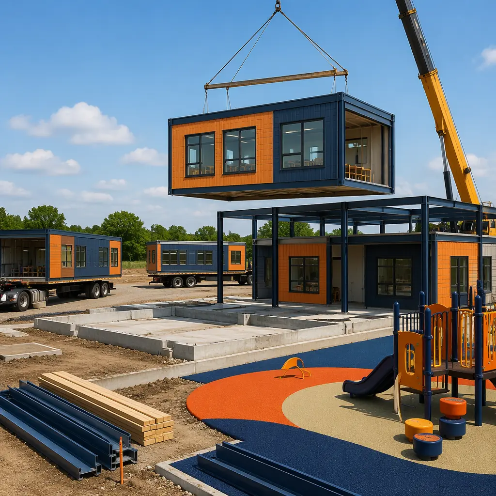 Construction site of modular daycare center, crane positioning a completed classroom module with factory-installed windows and colorful exterior panels onto prepared foundation, modules arriving on flatbed trucks, steel frame modules with visible seams, integrated playground area foundation visible, dark navy and warm orange brand colors