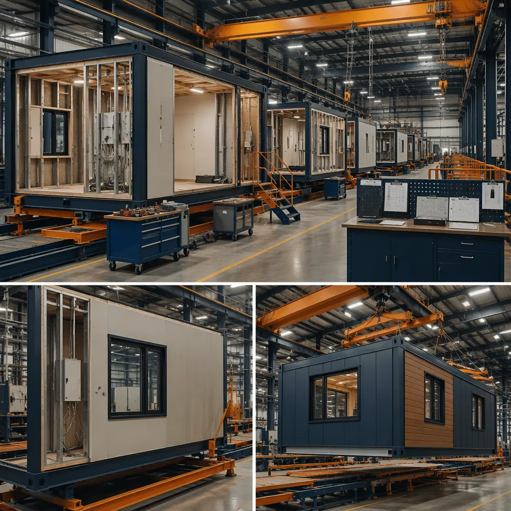 Interior of modular construction factory showing steel-frame modules at various stages of assembly, workers installing MEP rough-in and drywall inside completed steel structural frames, overhead cranes moving modules between assembly stations, quality control inspection area with documentation stations, clean climate-controlled industrial environment, factory lighting illuminating module interiors, dark navy structural steel with warm orange safety equipment accents
