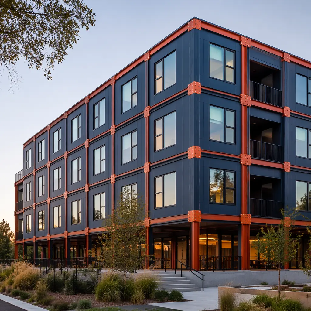 Completed multi-story modular building complex with fire-safe design features, steel frame modular prefabricated construction, clean geometric facade with visible module seams, modern modular apartment or commercial building exterior, fire-rated construction evidence in structural design, dark navy facade with warm solar lighting, landscaped setting