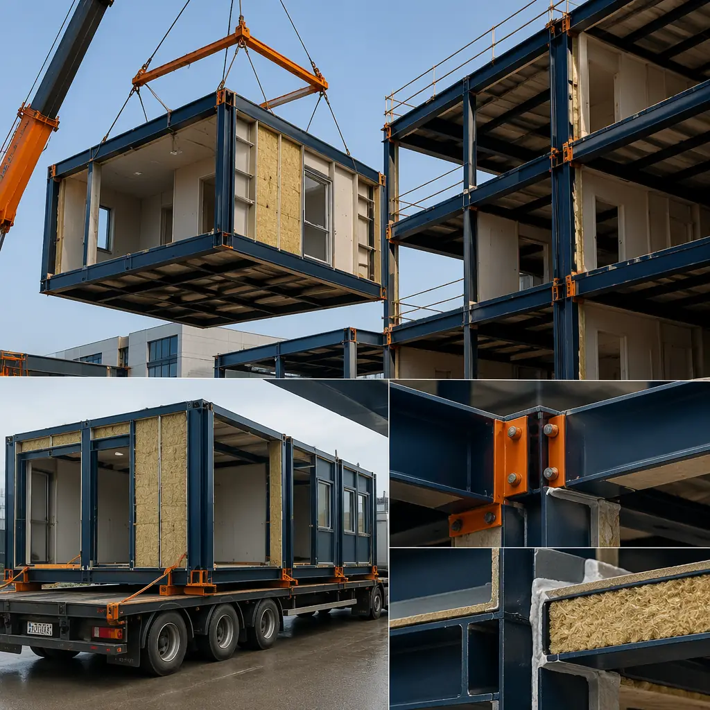 Steel frame modular building under construction with fire-rated assemblies visible, crane lifting module unit with fire protection layers installed, modular prefabricated construction site, steel structure with mineral wool fire safing and intumescent gaskets at module joints, factory-assembled fire-rated modules being positioned on multi-story building, dark navy structural steel elements
