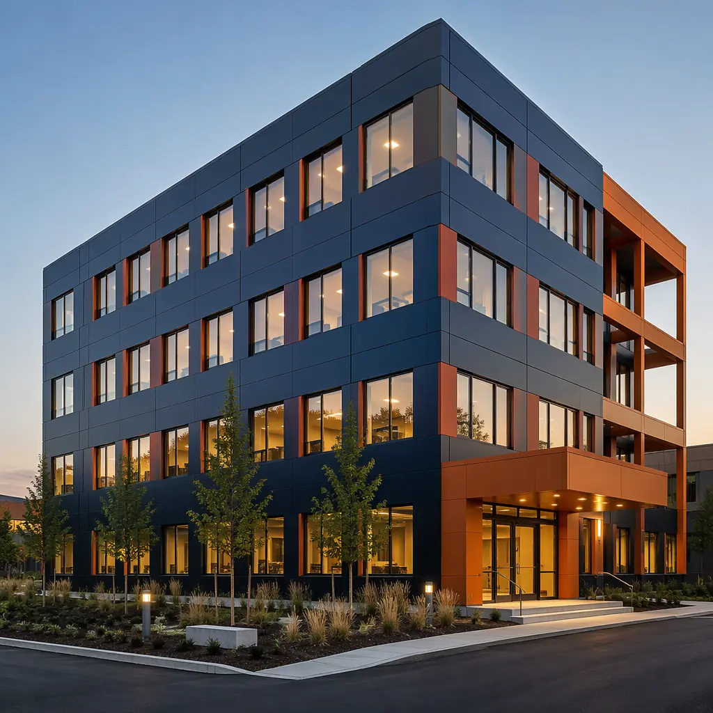 Completed modern modular office building with fire-safe steel frame construction, clean geometric facade showing modular unit grid pattern, professional architectural photography, prefabricated modular construction project fully operational, landscaped commercial exterior with dark navy and warm steel orange brand accent details, safe code-compliant building design