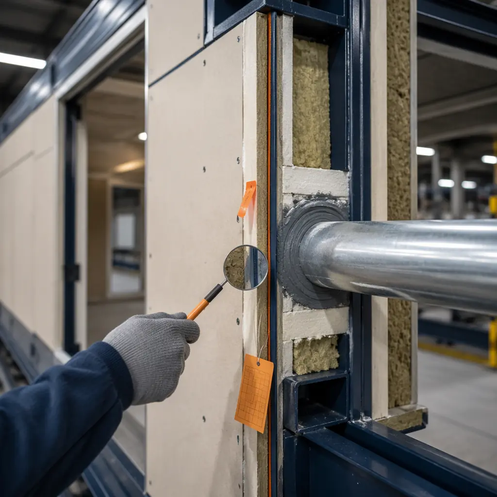 Factory production of fire-rated modular wall panel with intumescent gasket and mineral wool fire safing being installed, modular prefabricated construction assembly line, steel frame structure with fire protection layers visible, worker installing fire-rated gypsum board on module frame, industrial factory environment with controlled conditions, dark navy structural elements