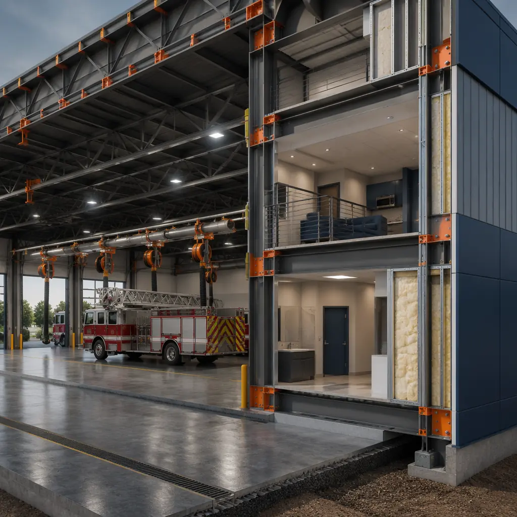 Photorealistic 3D cross-section render of modular fire station apparatus bay, steel frame structure with clear-span trusses, suspended diesel exhaust capture system, trench drains with oil-water separator, living quarters mezzanine above bay, dark navy structural steel with warm orange safety rail accents