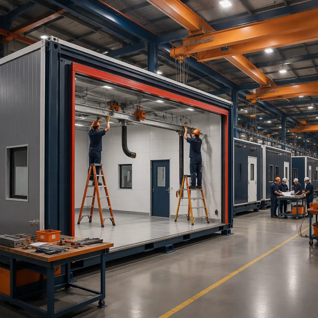 Factory assembly line for modular fire station construction, large steel-framed apparatus bay module with clear-span roof trusses, workers installing diesel exhaust capture rail system, fire station module nearing completion on factory floor with quality control inspection station, dark navy structural steel elements