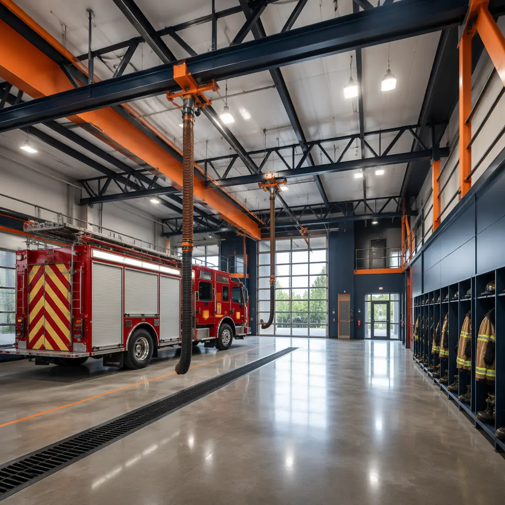 Interior of modular fire station apparatus bay with fire engine parked inside, clear-span steel trusses overhead, diesel exhaust capture system with hose drops, polished concrete floor with trench drains, LED bay lighting, turnout gear storage lockers along wall, red apparatus with dark navy bay interior