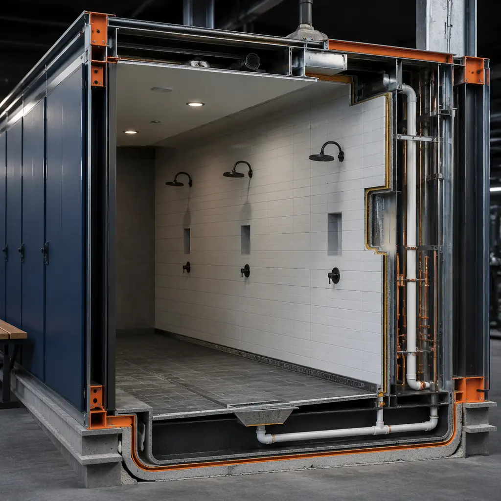Photorealistic 3D cross-section render of modular gym locker room module, steel frame structure with factory-installed shower fixtures, sloped concrete floor with waterproof membrane and trench drain, ceramic tile walls with waterproof corner detailing, plumbing risers and ventilation ductwork visible, dark navy structural steel with warm steel orange accent elements