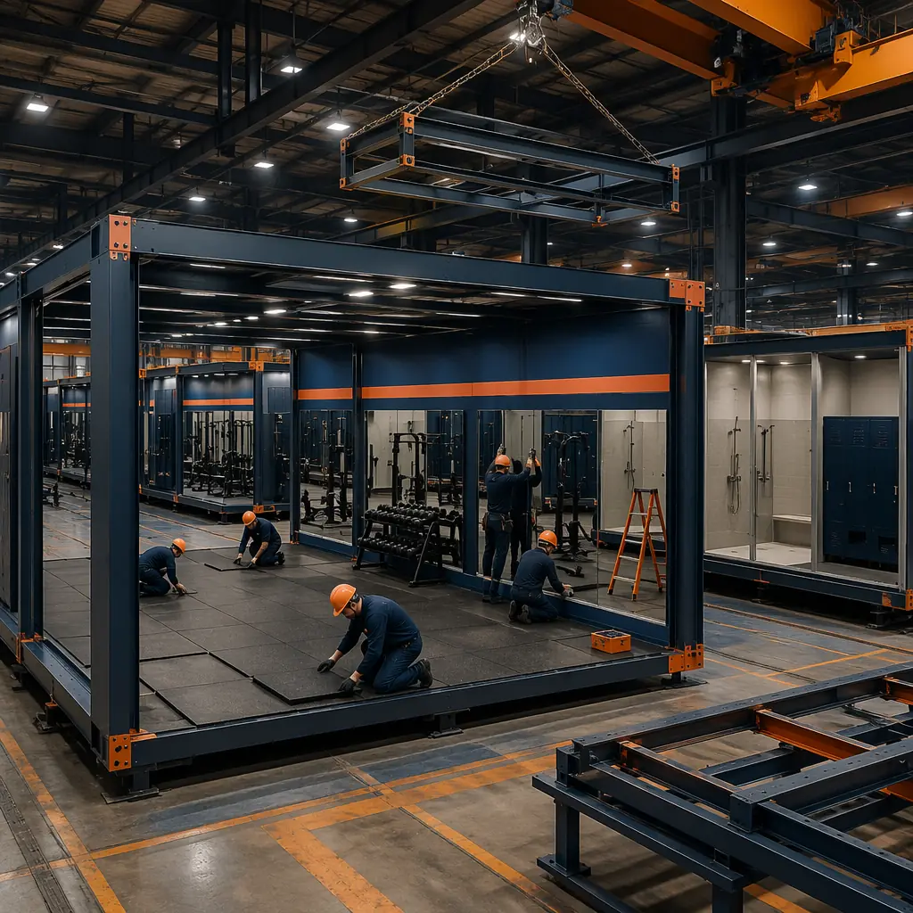 Factory assembly line for modular gym construction, large steel-framed fitness center module with open-span exercise floor, workers installing rubber flooring and mirror wall panels, locker room module with shower fixtures being assembled in adjacent bay, fitness facility modules nearing completion on factory floor, dark navy structural steel with warm steel orange safety rail accents