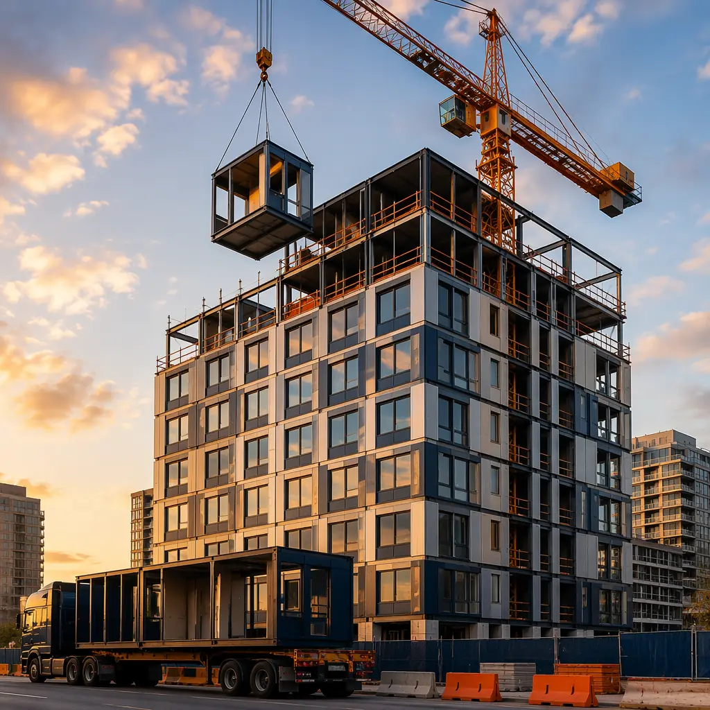 Construction site of modular high-rise building, crane lifting steel frame module unit onto upper floor of 12-story building, module seams and grid pattern visible on completed lower floors, flatbed truck delivering modules, clean geometric facade, urban construction site setting, dark navy accents