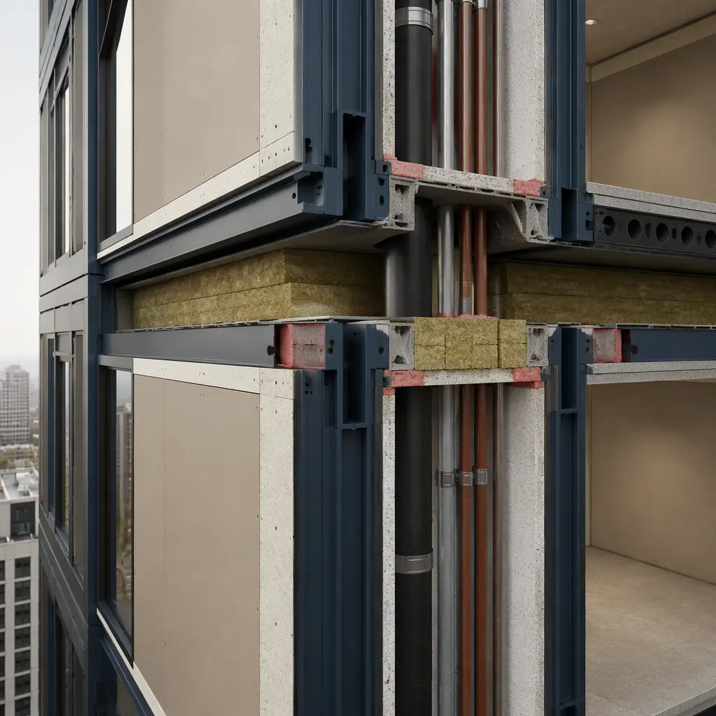 Cross-section view of modular high-rise building showing fire-rated inter-module gap sealing system, intumescent strips between steel frame modules, mineral wool packing at floor-to-floor junction, fire stopping at service riser shaft penetration through stacked modules, dark navy steel structural elements