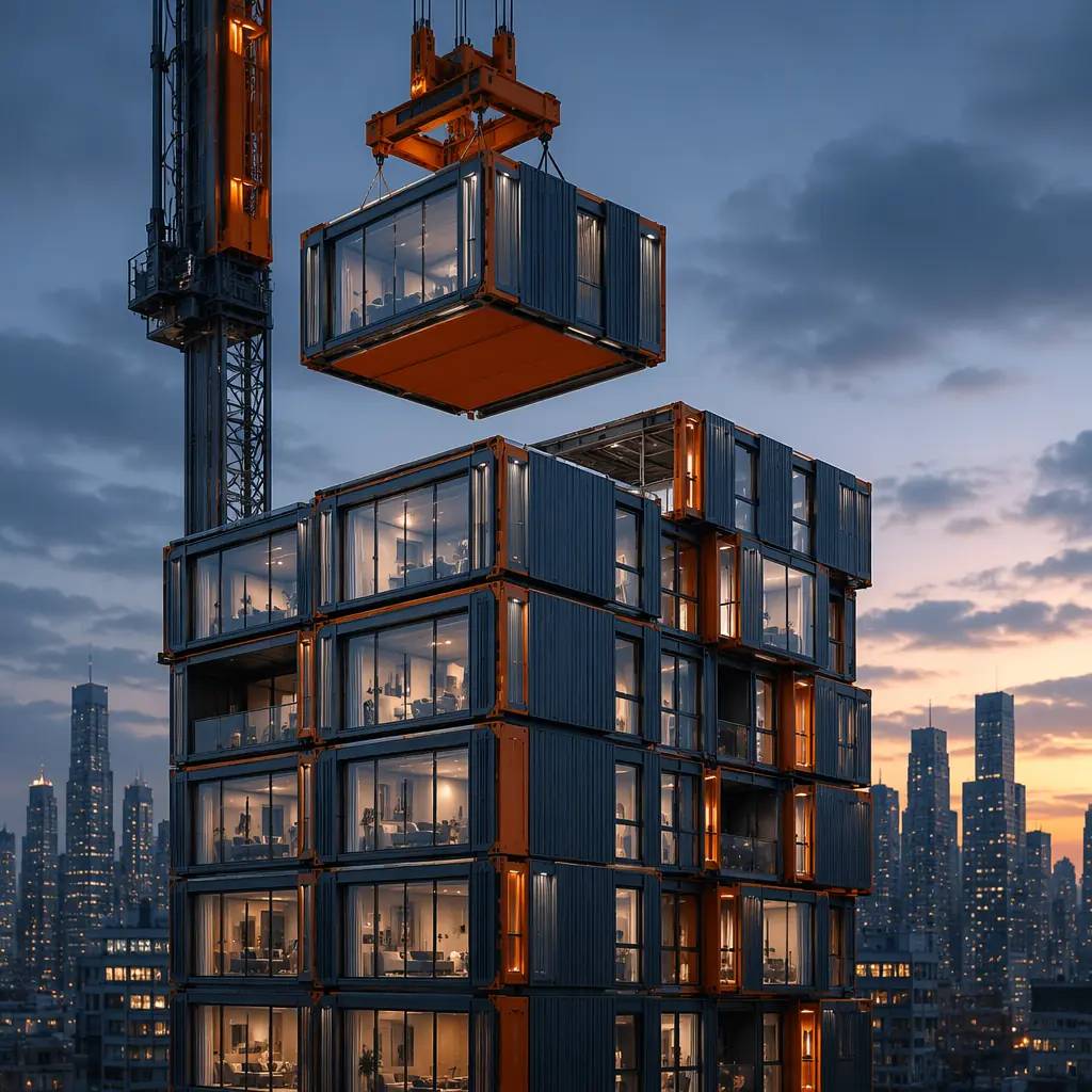 Future-forward modular high-rise building concept, multi-story prefabricated construction with visible module grid, crane automating module stacking, clean modern architectural design, factory-assembled modules with integrated facade panels, steel frame structure visible, urban skyline setting, dark navy and warm steel orange brand colors