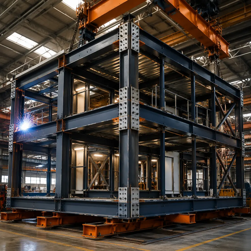 Factory assembly of steel frame high-rise module, structural steel columns and beams being welded, bolted end-plate connections visible on corner columns, module nearing completion on factory floor, industrial setting with overhead crane, dark navy steel frame elements with warm steel orange markings
