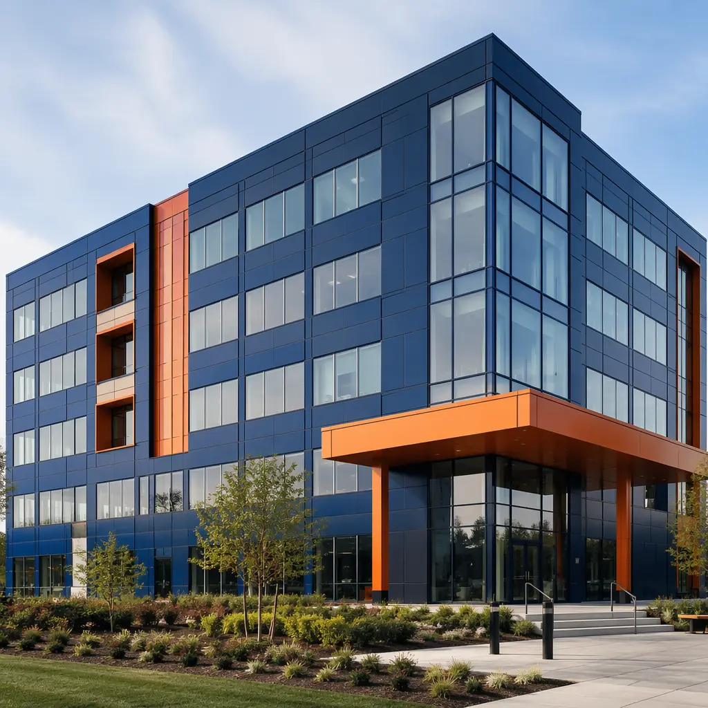 Completed modern multi-story commercial building exterior, clean geometric facade with visible module seams reflecting modular prefabricated construction alongside ICF insulated concrete form building section, steel frame structure with grid pattern facade, dark navy and warm steel orange brand color details on architectural elements, professional photography in natural daylight