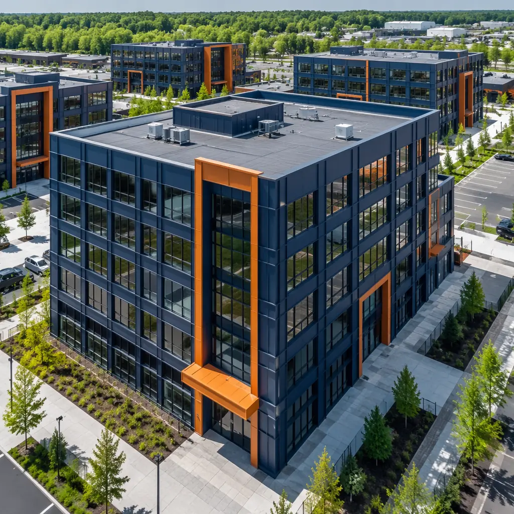 Aerial view of completed modular multi-story commercial building complex, modern prefabricated construction with clean geometric facade, steel frame modular buildings showing grid pattern from factory-assembled modules, landscaped surroundings, dark navy structural design with warm steel orange brand accent details on building entrance and architectural features