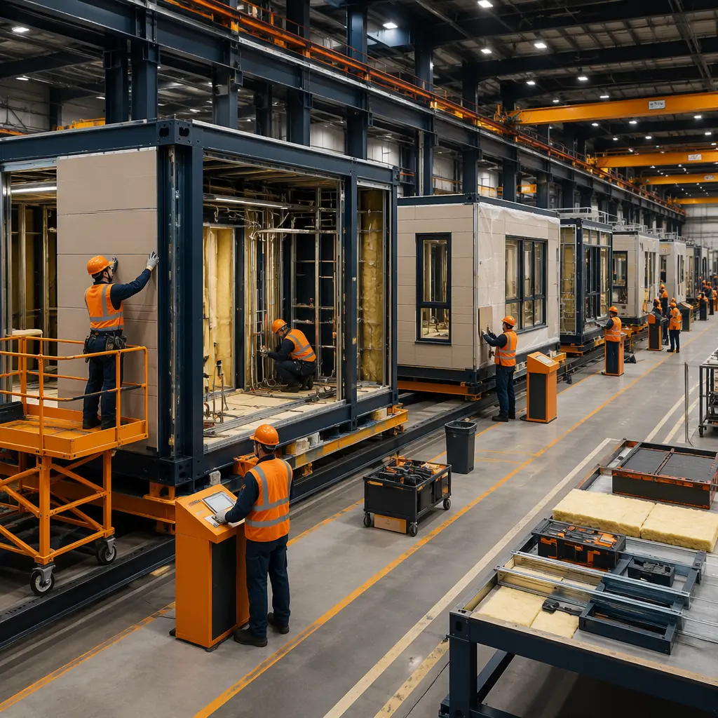 Factory floor of modular prefabricated construction facility, steel frame modules in various stages of assembly on production line, workers installing wall panels and MEP systems indoors, controlled factory environment with quality inspection stations, completed modules ready for transport, industrial setting with dark navy structural elements and warm steel orange brand accents